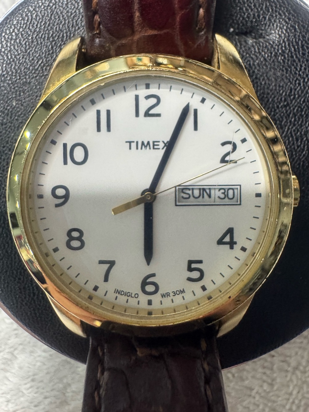 Timex Men’s Gold Case Watch with White Dial and Brown Leather Strap